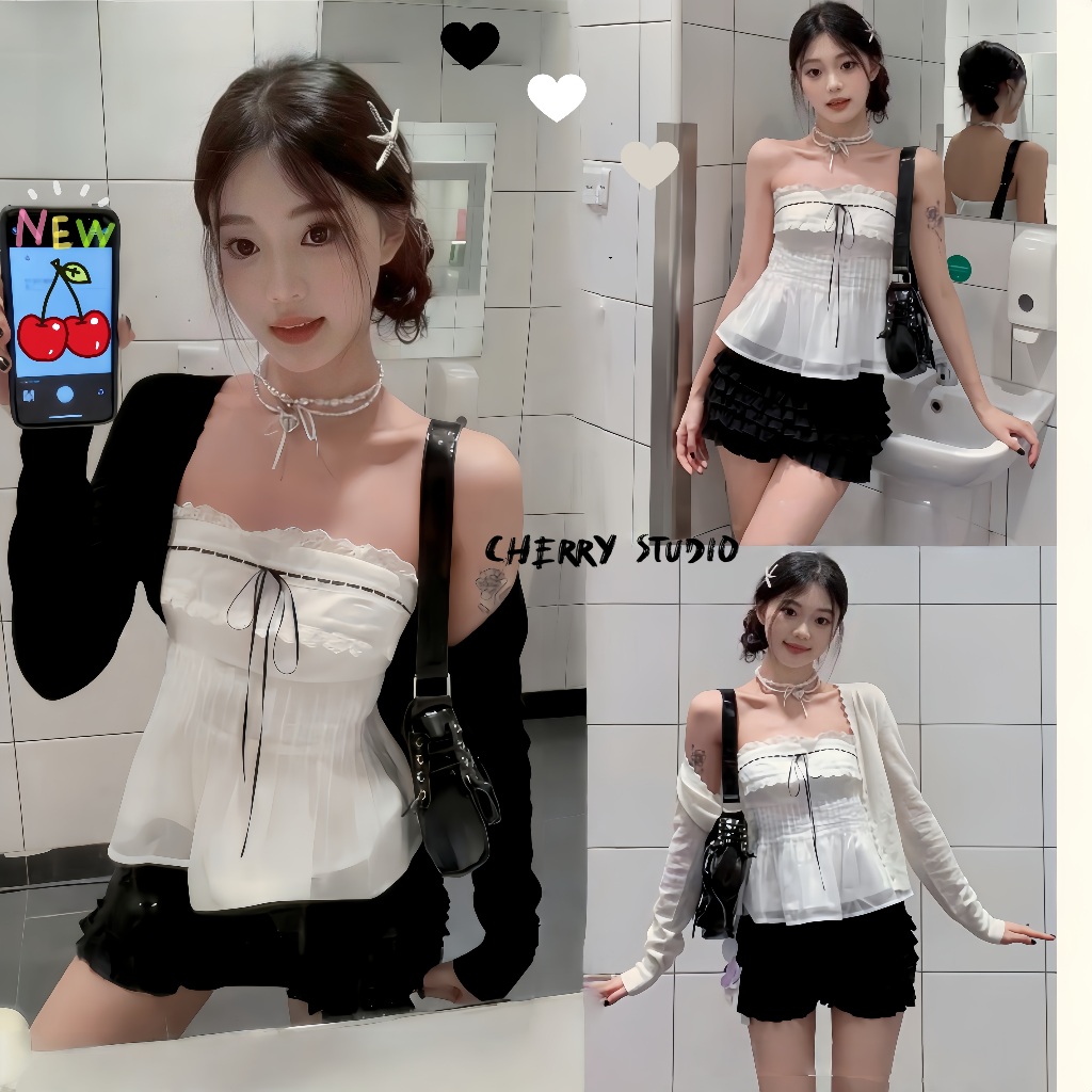 Cherry🎀 พร้อมส่ง🎀ตัวยึดอกลูกไม้สไตล์ โบว์ผูกโบว์ เปิดไหล่มีฟองอกในตัวลูกไม้สายเดี่ยวคาดเอว สาวฮอต เซ็กซี่แฟชั่นผู้หญิง