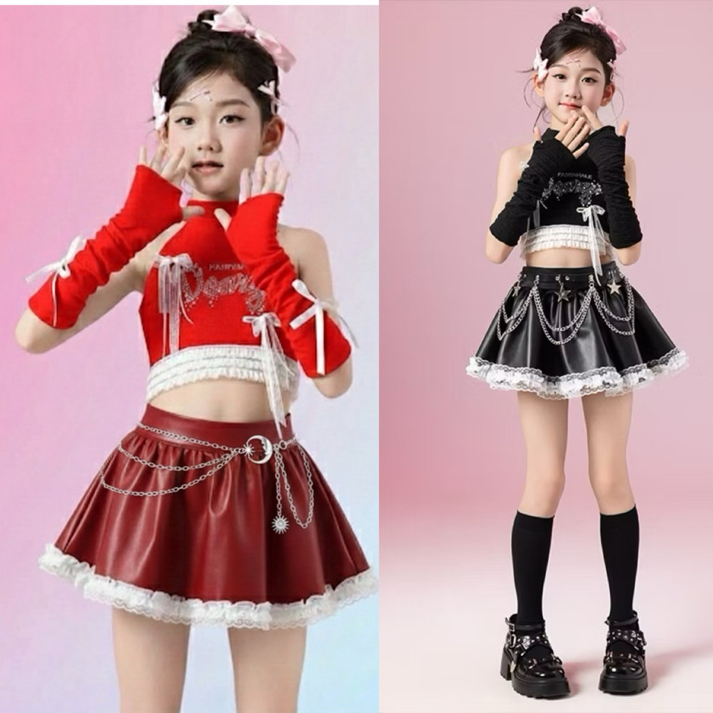 พร้อมส่งในไทย ชุดเซทแฟชั่น 3 ชิ้น ชุดเต้นสีแดง เสื้อ กระโปรงหนัง ปลอกแขน