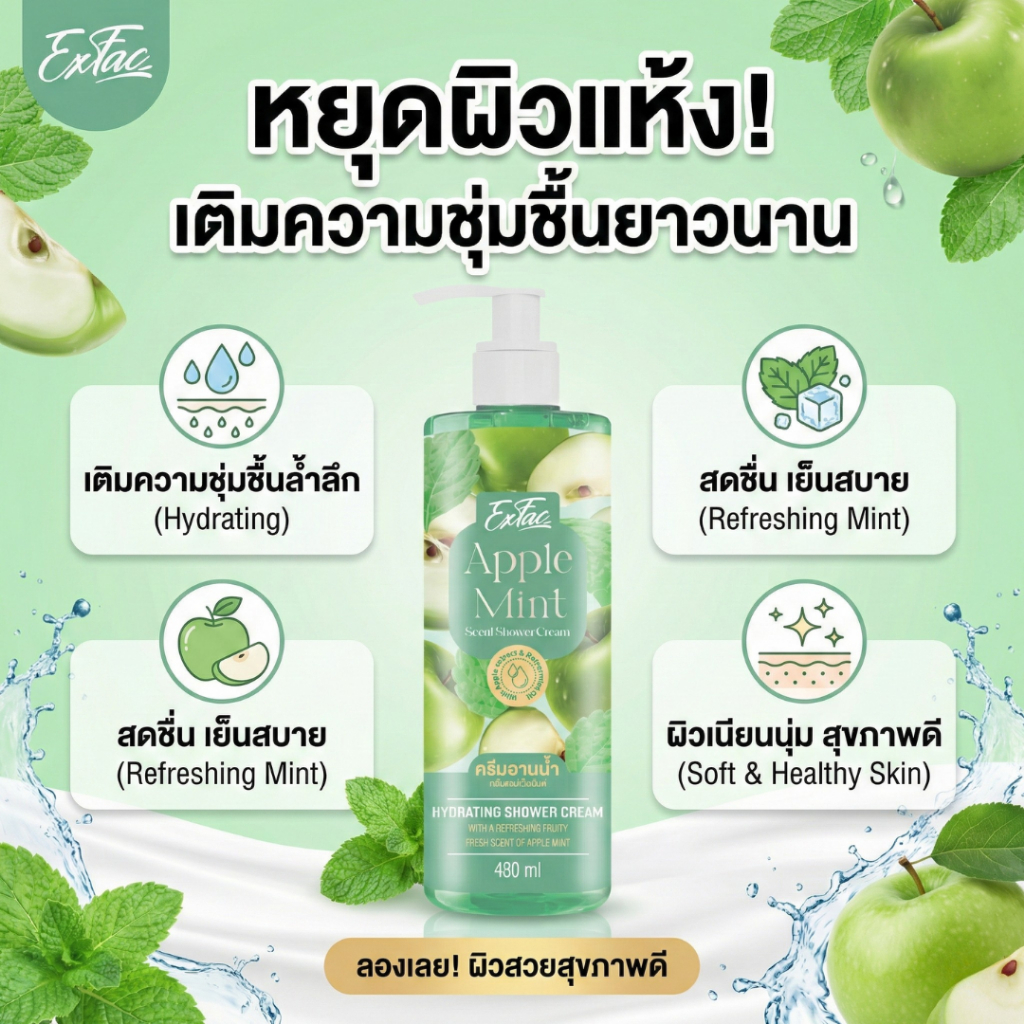 EXFAC ครีมอาบน้ำ กลิ่น APPLE MINT 480ml. สารสกัดจากแอปเปิ้ลเขียว ผสานความเย็นสดชื่นจากเมนทอล - รูปที่ 2