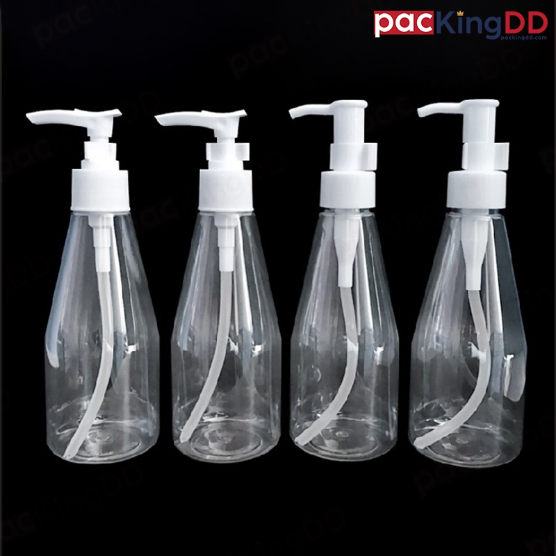 (แพ็ค 10 ชิ้น) ขวดปั้ม พลาสติกใส ทรง A + ฝาปั๊มสีขาว ขนาด 200ML #P379 ใส่ ครีม PackingDD