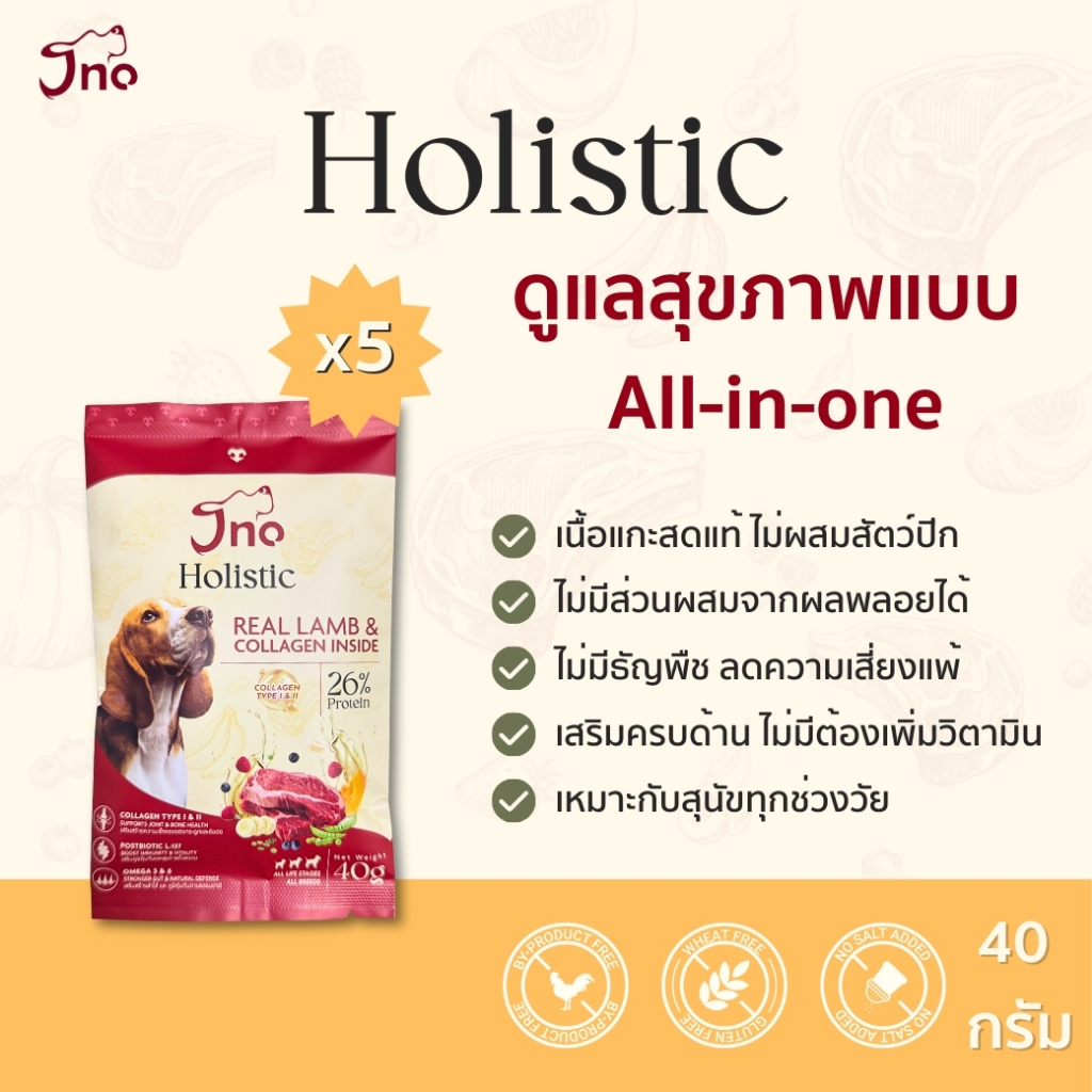 [x5 ทดลอง 40 กรัม] Jno Holistic Real Lamb & Collagen inside อาหารเม็ดสุนัข โฮลิสติก สูตรเนื้อแกะ+คอลลาเจน ทุกช่วงวัย