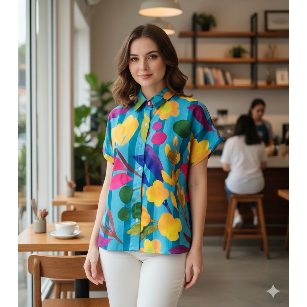 เสื้อคอปกเชิ้ตแขนสั้นผ้าลินินอินเดีย กระดุมหน้าแขนในตัวชายโค้ง ผ่าข้างบอกเลยน่ารักสุด ๆ
