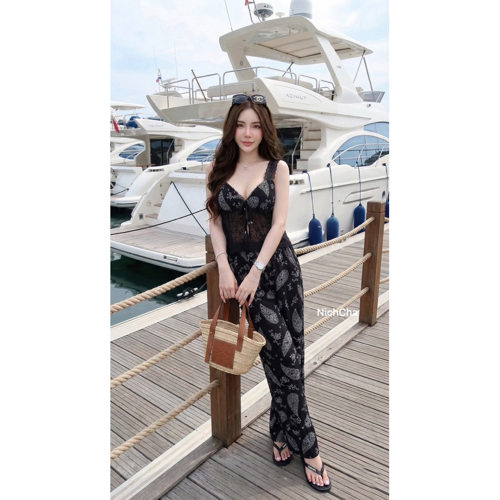 Set2ชิ้น  – เสื้อสายเดี่ยวลูกไม้หน้าอกผูกโบว์แต่งชายลูกไม้ – กางเกงขายาวมีกระเป๋า2ข้าง มีซับกางเกง ราคา ถูกที่สุด ดีลบีเคเค แกลเลอรีภาพที่ 5
