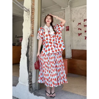Longdopaws : Aileen set ชุดเซ็ทเสื้อคอบันนี่+กระโปรงยาวอัดพลีทใส่สบายมีซับใน
