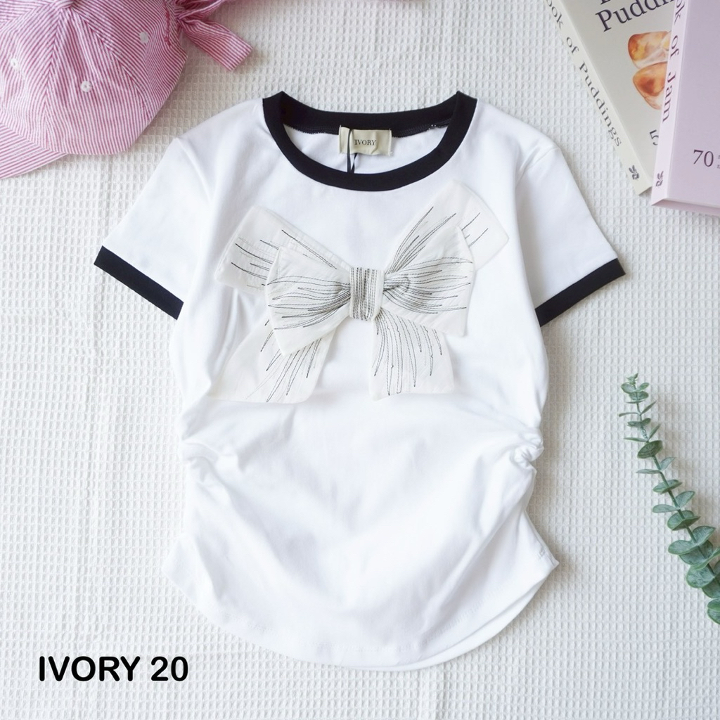 VV251 - VV226 -VV884-IVORY งานเสื้อยืดแฟชั่นแขนสั้น ปักโบว์เพชร น่ารัก หยุมข้าง