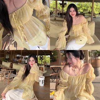 ISLA TOP เสื้อปาดไหล่แขนยาว แต่งระบายผูกโบว์หน้า (เย็บอะไหล่) ผ้าใส่สบาย Size M,L ใส่ได้หลายแบบ - S110 เสื้อผ้าผู้หญิง