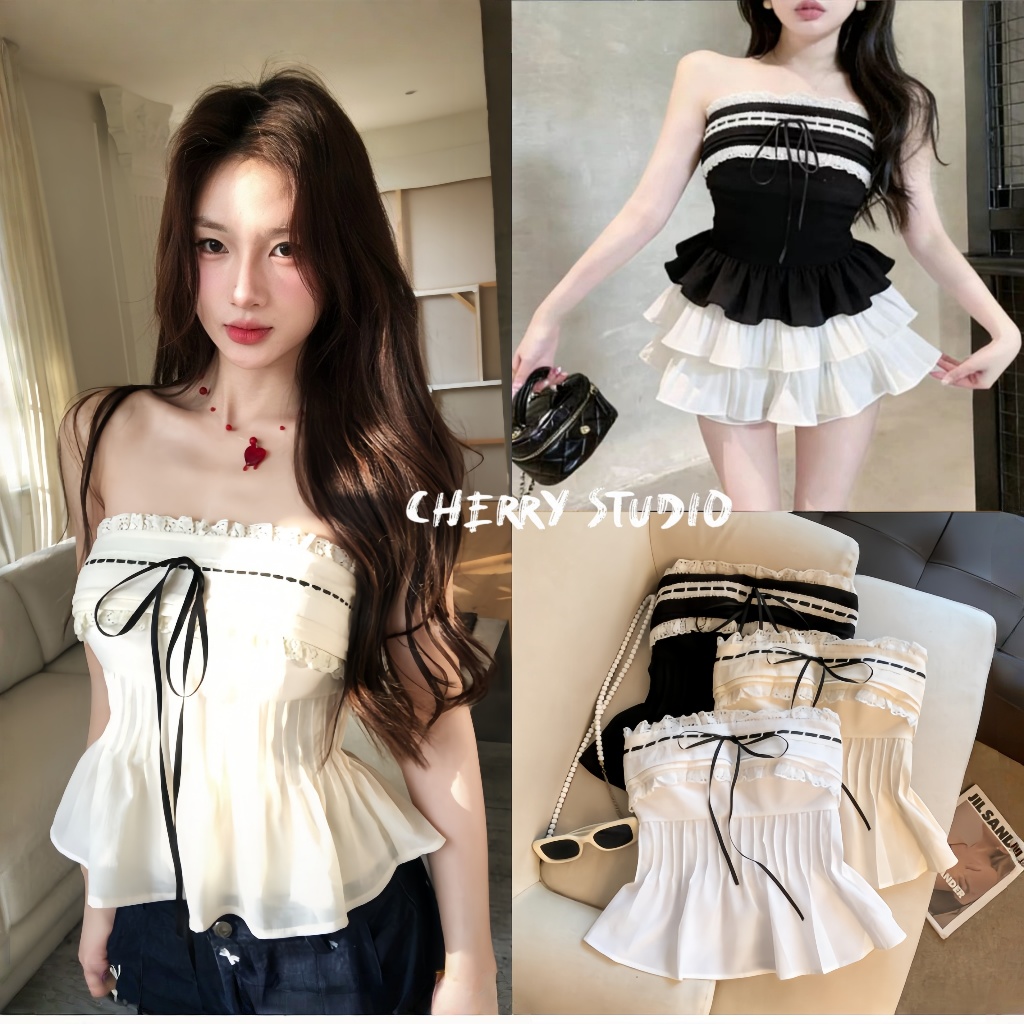 Cherry✨พร้อมส่ง✨เสื้อยืดลูกไม้สีขาว ตัวยึดอกลูกไม้สไตล์ โบว์ผูกโบว์ เปิดไหล่มีฟองอกในตัวลูกไม้สายเดี่ยวคาดเอว สาวฮอต