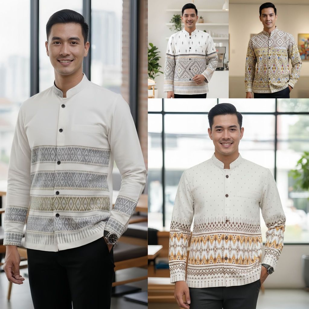 เสื้อลายไทยผู้ชายแขนยาว เนื้อผ้าฝ้ายพิมพ์ลายหมักโคลน โทนสีขาว