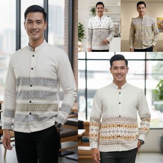 เสื้อลายไทยผู้ชายแขนยาว เนื้อผ้าฝ้ายพิมพ์ลายหมักโคลน โทนสีขา…