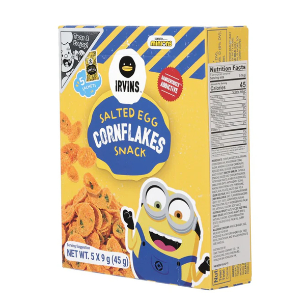 IRVINS x MINIONS Salted Egg Cornflakes Snack เออวินส์ คอร์นเฟลกส์ เคลือบไข่เค็ม 9g. x 5ซอง