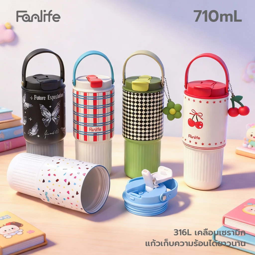 แก้วเก็บความเย็น เคลือบเซรามิก สแตนเลสแท้ ขนาด 710ML พร้อมที่จับ และฝาปิดหลอด เก็บเย็น-ร้อนได้นาน-270