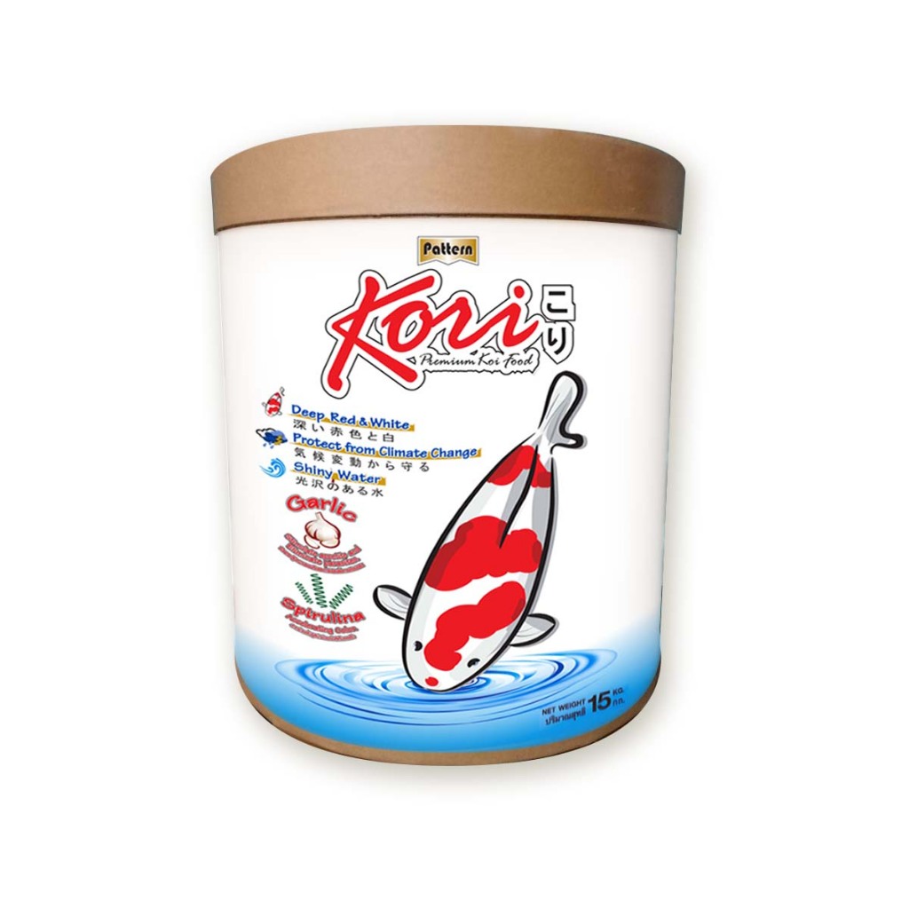 อาหารปลาคาร์ฟโคริ สูตรป้องกันปลาป่วย เม็ด 4 มม. ขนาด 15 กก. รุ่นถัง เสริมกระเทียม x 1 ถัง ลอยน้ำ