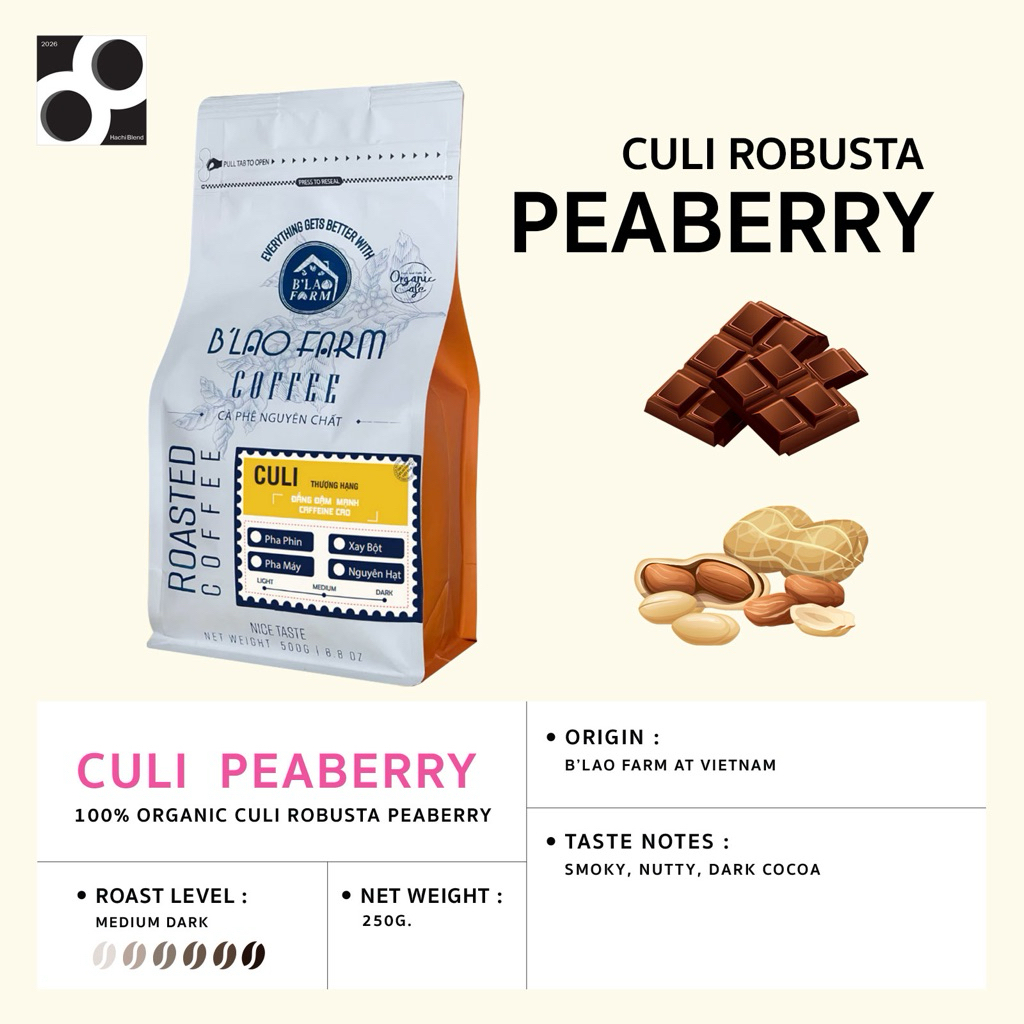 B’LAO FARM Culi Robusta Peaberry – 100% Organic Culi Robusta เมล็ดกาแฟคั่วกลาง พรีเมี่ยม 250 กรัม