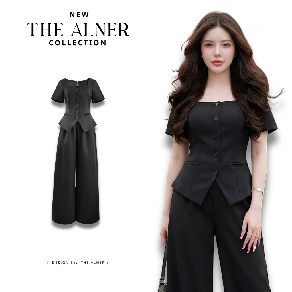 Thealner-AN035 (เซตเสื้อดำคอเหลี่ยมแต่งกระเป๋ากางเกงขายาว)