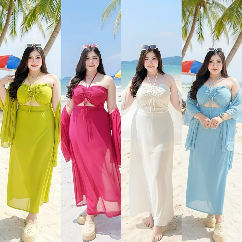 ชุดเซ็ท 3 ชิ้นชีฟองทะเล ชุดใส่ไปทะเลสำหรับสาวอวบอ้วน ไซส์ใหญ่