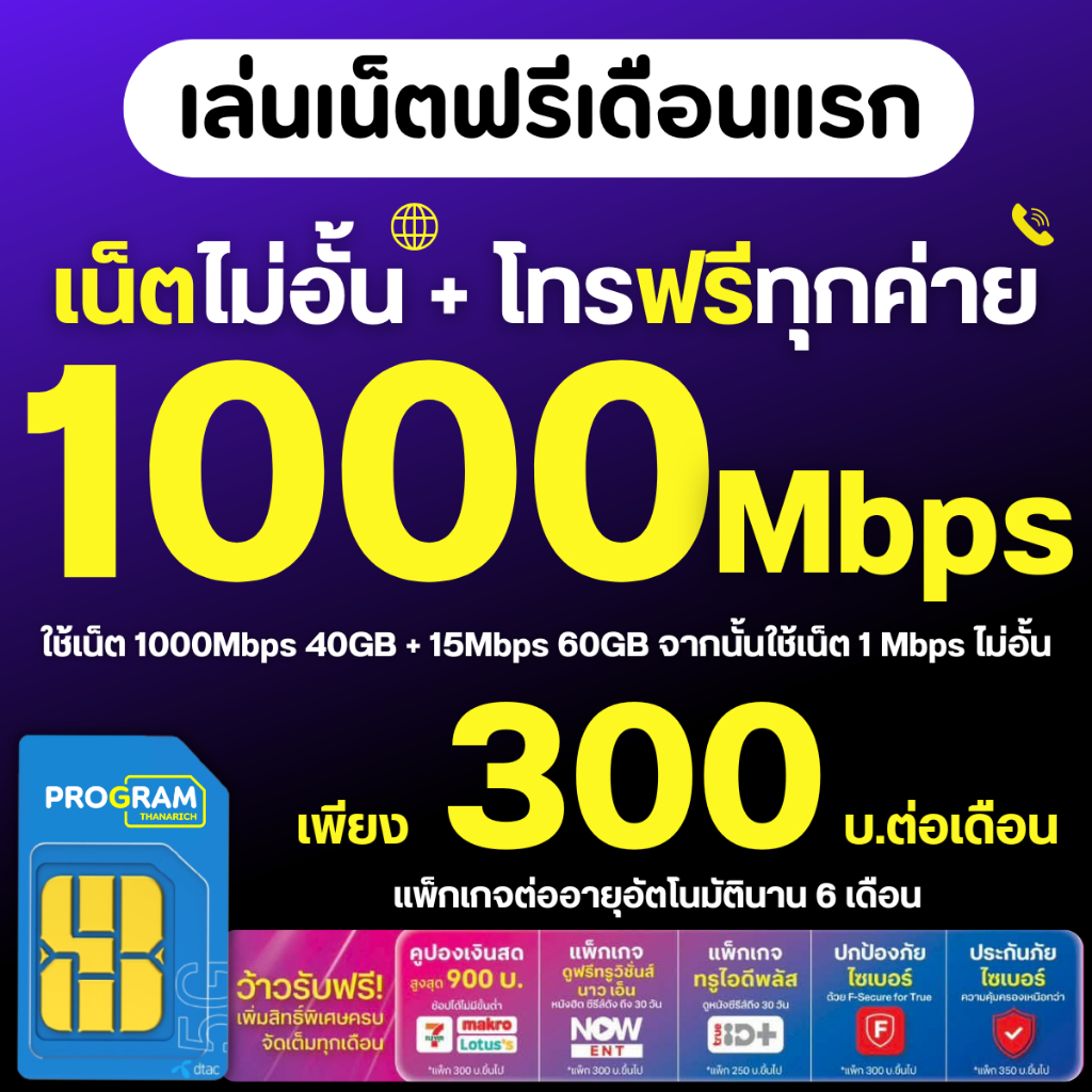 ซิมเทพดีแทค เน็ตไม่อั้น ไม่ลดสปีด 15mbps,20mbps,30mbps,4mbps รายเดือนแบบเติมเงินนาน 6 เดือน
