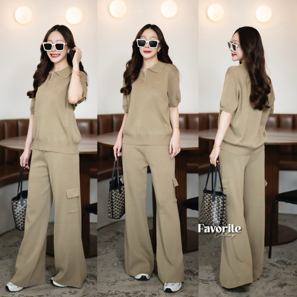 🌈🌿🌸🌼🌺🧡🖤🇰🇷 Knit Zip Collar Short Sleeve Top&Cargo Long Pant Set