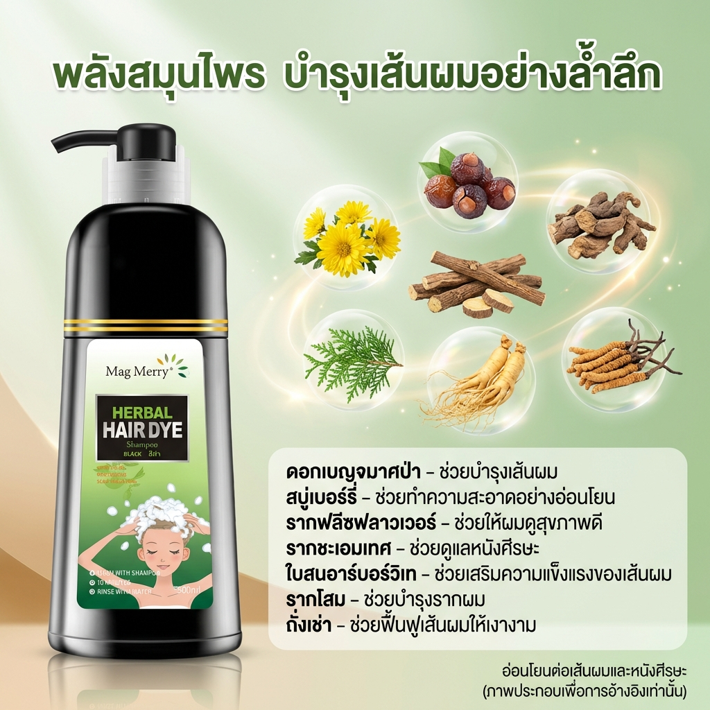 MagMerry พร้อมส่งแท้100% แชมพูปิดผมขาว แชมพูปิดผมหงอก สมุนไพร ปิดผมขาว - 5