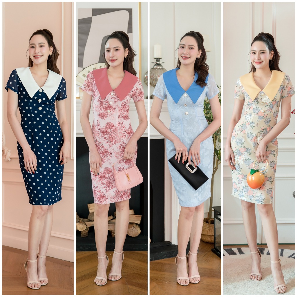 PD375 Collar Dress เดรสผ้าชีฟอง คอวี แต่งปกเสื้อสีเข้ากัน แขนสั้น กระโปรงเข้ารูปทรงสอบ