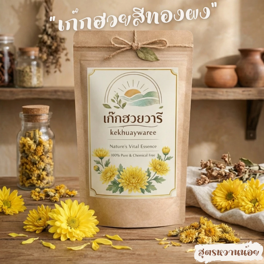 เก๊กฮวยผงวารี ใช้ดอกเก๊กฮวยดอกใหญ่สีทอง ดื่มได้ทั้งแบบร้อนและเย็น รสละมุน