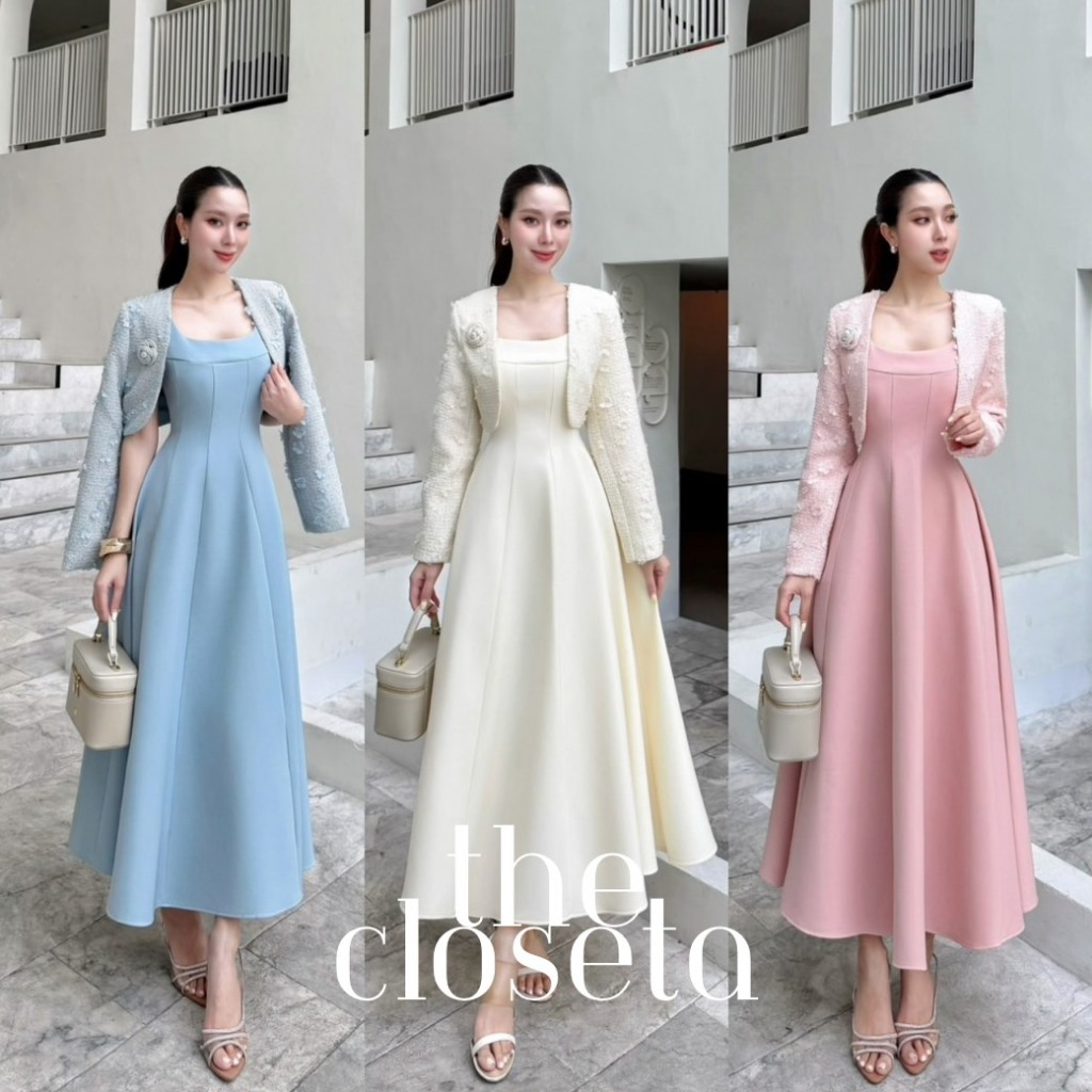 THE CLOSETA : LB618 ชุดเดรสยาวผ้าสูท พร้อมเสื้อคลุมผ้าทวิตปักดอกไม้ แถมเข็มกลัดเข้าชุด
