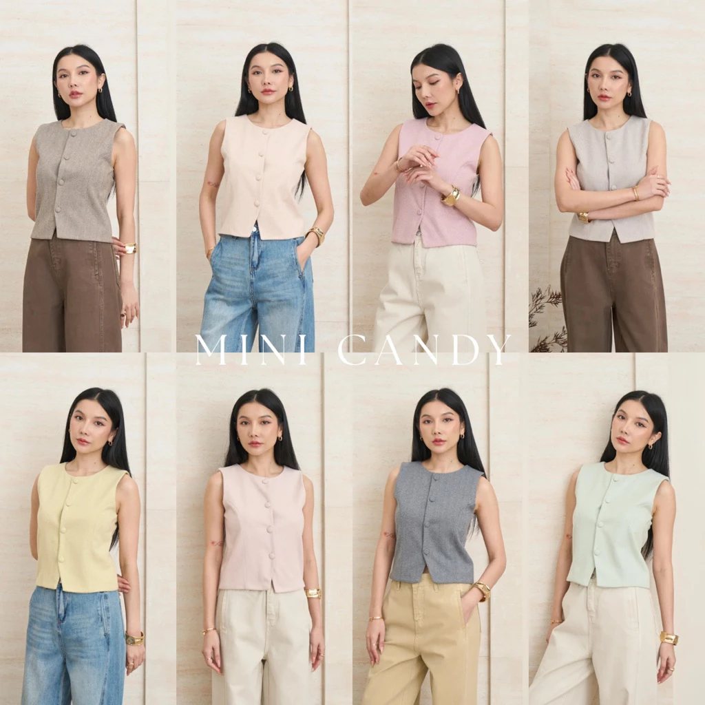 MINI CANDY TOP (เฉพาะเสื้อ) คอกลมแขนกุดผ้าทวีตเนื้อนุ่ม กระดุมหน้าเพิ่มความคิ้วท์ ด้านหลังปรับระดับได้ ใส่ง่ายทุกลุค