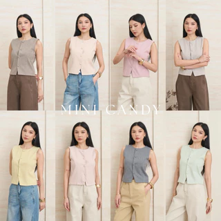 MINI CANDY TOP (เฉพาะเสื้อ) คอกลมแขนกุดผ้าทวีตเนื้อนุ่ม กระดุมหน้าเพิ่มความคิ้วท์ ด้านหลังปรับระดับได้ ใส่ง่ายทุกลุค