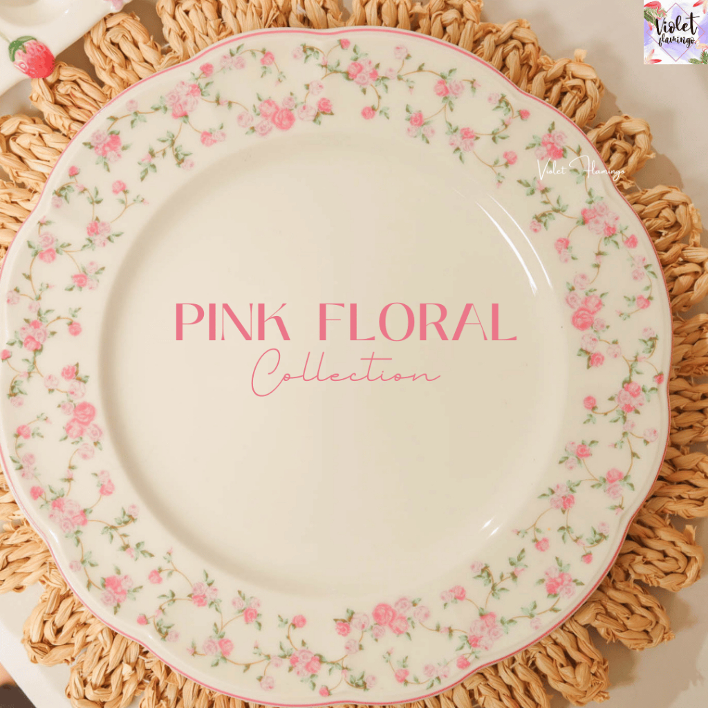 Violet Flamingo จานเซรามิกลายดอกไม้สีชมพู Pink Floral Plate งานส่งออกต่างประเทศ เกรดคุณภาพ