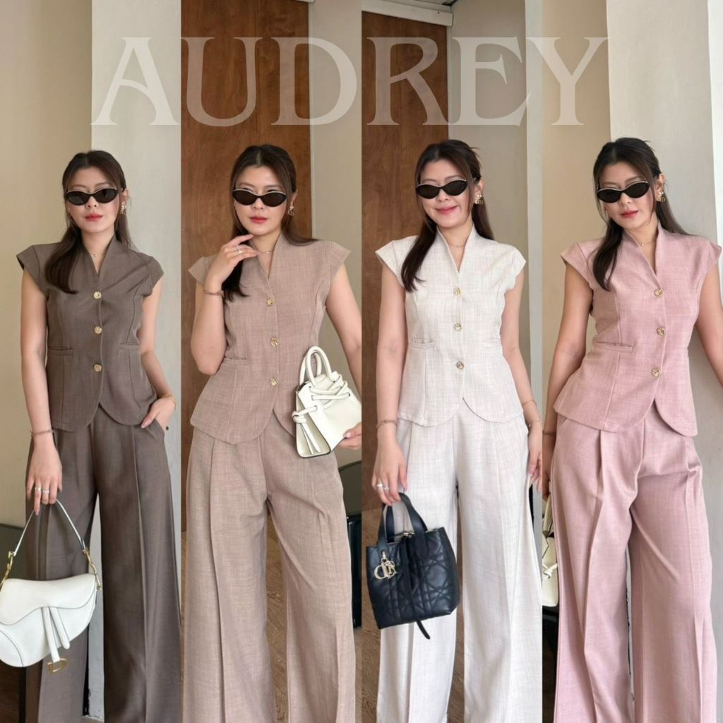 Audrey :: ชุดเซ็ทขายาวเสื้อแขนสั้น ชุดเซ็ททำงาน เรียบหรู ขายาว เสื้อตัวยาวแขนสั้นคอจีน กระดุมทอง BEETY (B053)