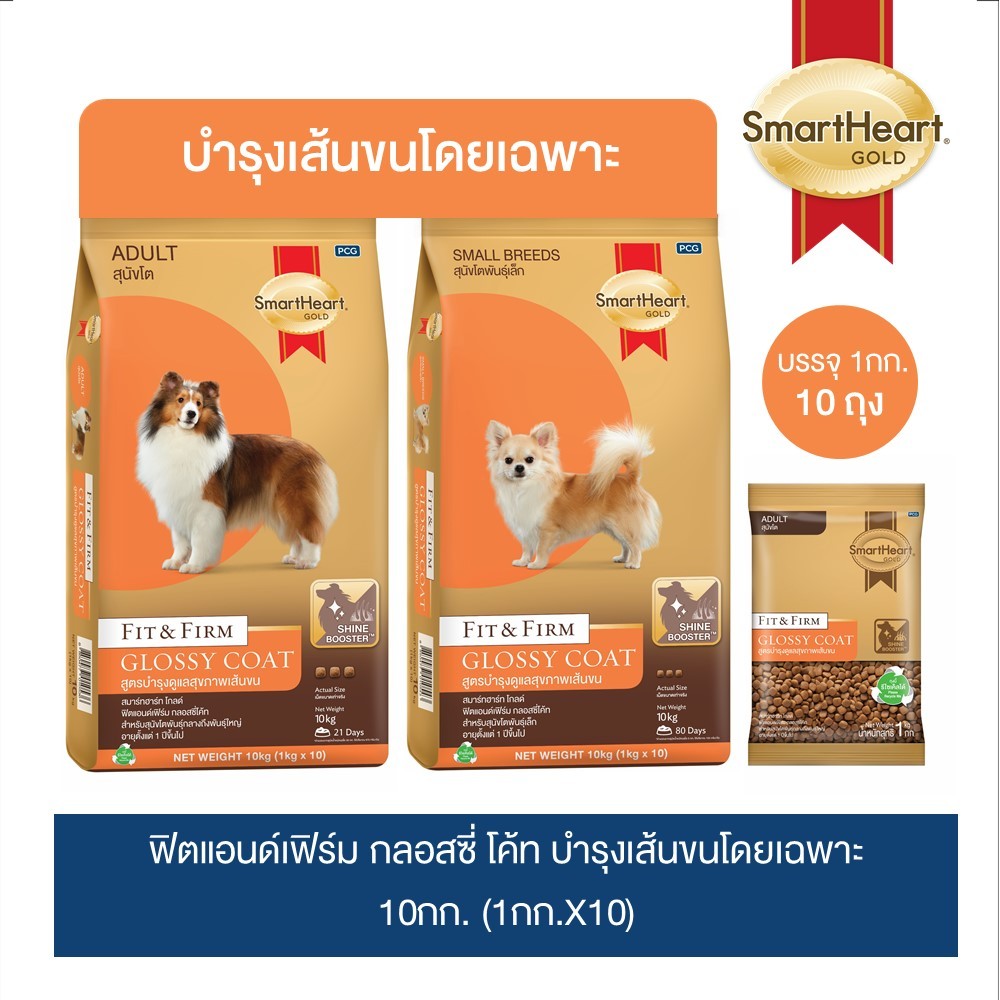 สมาร์ทฮาร์ทโกลด์ ฟิตแอนด์เฟิร์ม กลอสซี่ โค้ท อาหารสุนัขสูตรบำรุงเส้นขนและผิวหนัง 1 กก.x 10 ถุง