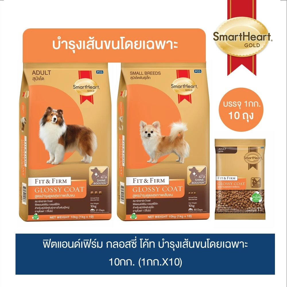 สมาร์ทฮาร์ทโกลด์ ฟิตแอนด์เฟิร์ม กลอสซี่ โค้ท อาหารสุนัขสูตรบำรุงเส้นขนและผิวหนัง 1 กก.x 10 ถุง