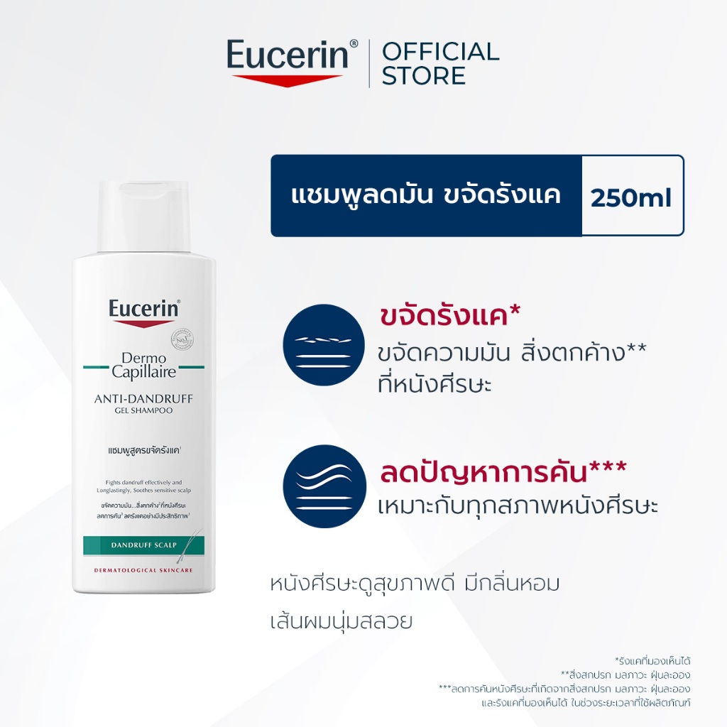 Eucerin DermoCapillaire ANTI-DANDRUFF GEL SHAMPOO 250 ML ยูเซอริน แชมพูขจัดรังแค บำรุงเส้นผม ลดผมขาดร่วง