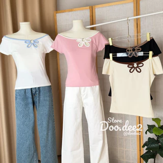 ♦️DOODEE2♦️เสื้อปาดไหล่ทูโทนแต่งเย็บดอกไม้ ใส่ได้หลายแบบ