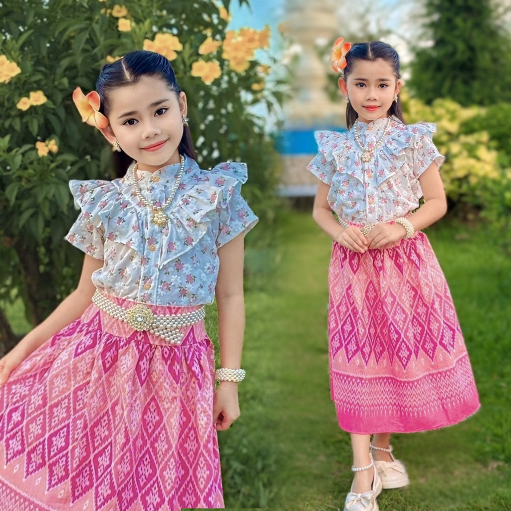 ชุดไทยเด็กผู้หญิง เด็กโต 8-15ปี เซท2ชิ้น เสื้อ กระโปรง อก38นิ้ว ผ้าฝ้ายพิมลายไทย ใส่สบาย อัดลายดอกไม้นูน - รูปที่ 7