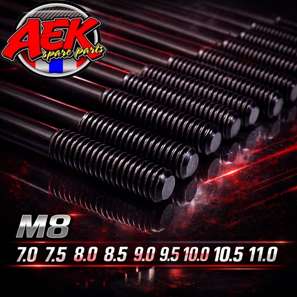 เสาเสื้อสูบแต่งM8x1.25สำหรับWave125 Sonic Mio ยาว7นิ้ว,7.5นิ้ว,8นิ้ว,8.5นิ้ว,9นิ้ว9.5นิ้ว,10นิ้ว,10.5นิ้ว11นิ้ว1ชุด 4ต้น