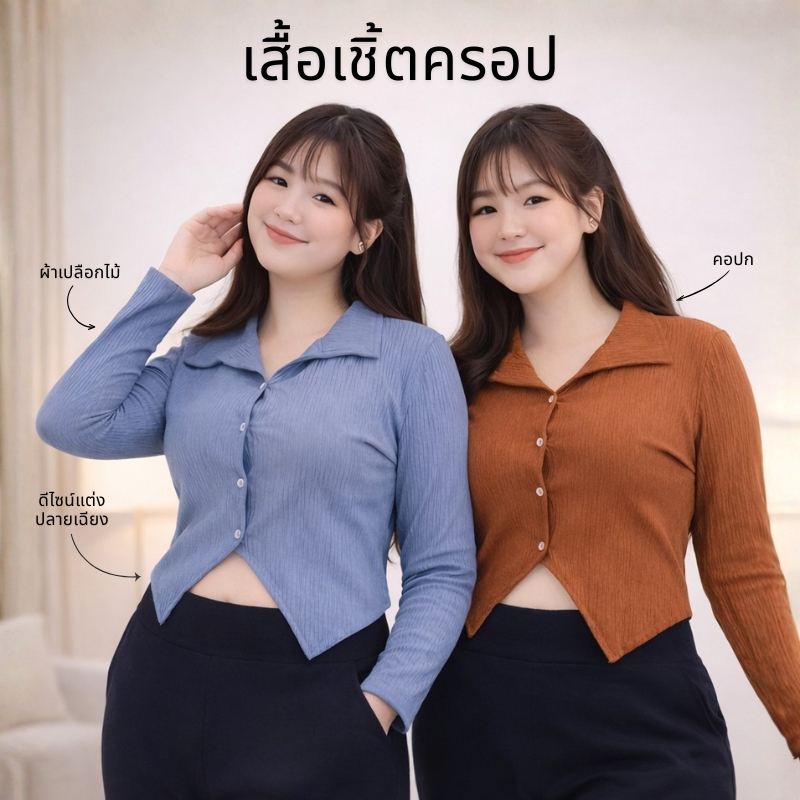 เสื้อยืด สาวอวบ ไซส์ใหญ่ เสื้อคอปก แขนยาว ทรงครอป ชายเสื้อแหลม ผ้าย่นลายเปลือกไม้ เนื้อผ้านิ่ม ทรงสวยแมทช์ง่าย 0055#