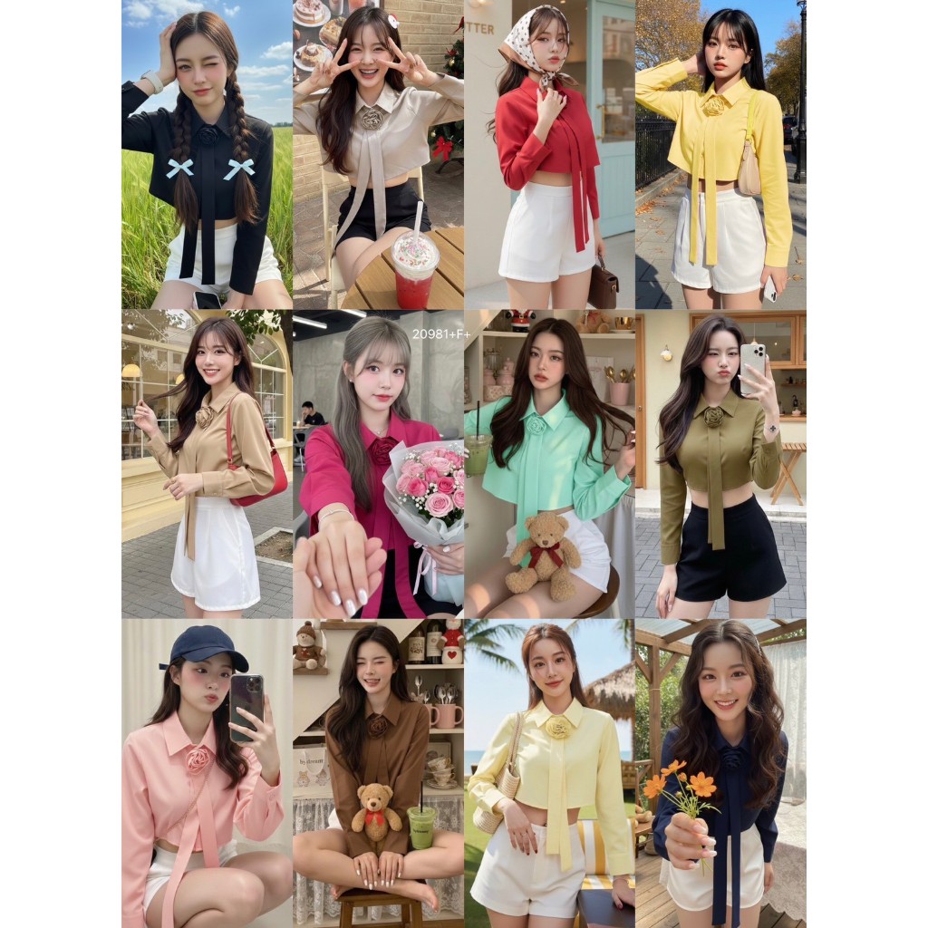 TwinsShopVip💗พร้อมส่ง TW20981 เสื้อครอปแขนยาว แต่งดอกคามิเลีย ..
