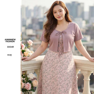 Annnew เดรสผ้าไหมอิตาลี่ลายดอกไม้เเต่งกั๊กผ้ายืดมูลเวฟ 3004R