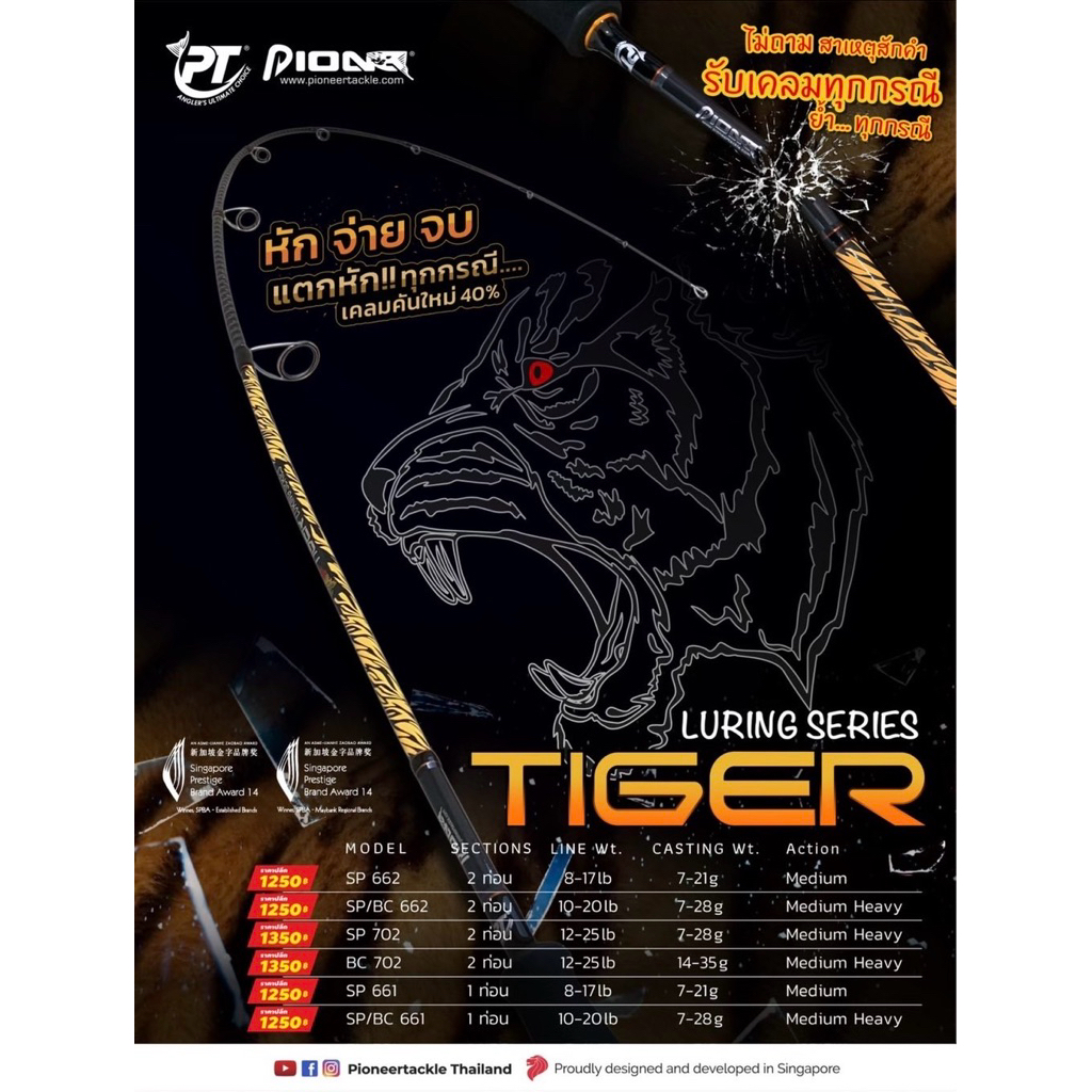 คันเบ็ดตกปลา คันตีเหยื่อปลอม คันROD TIGER LURING SERIES Pioneer