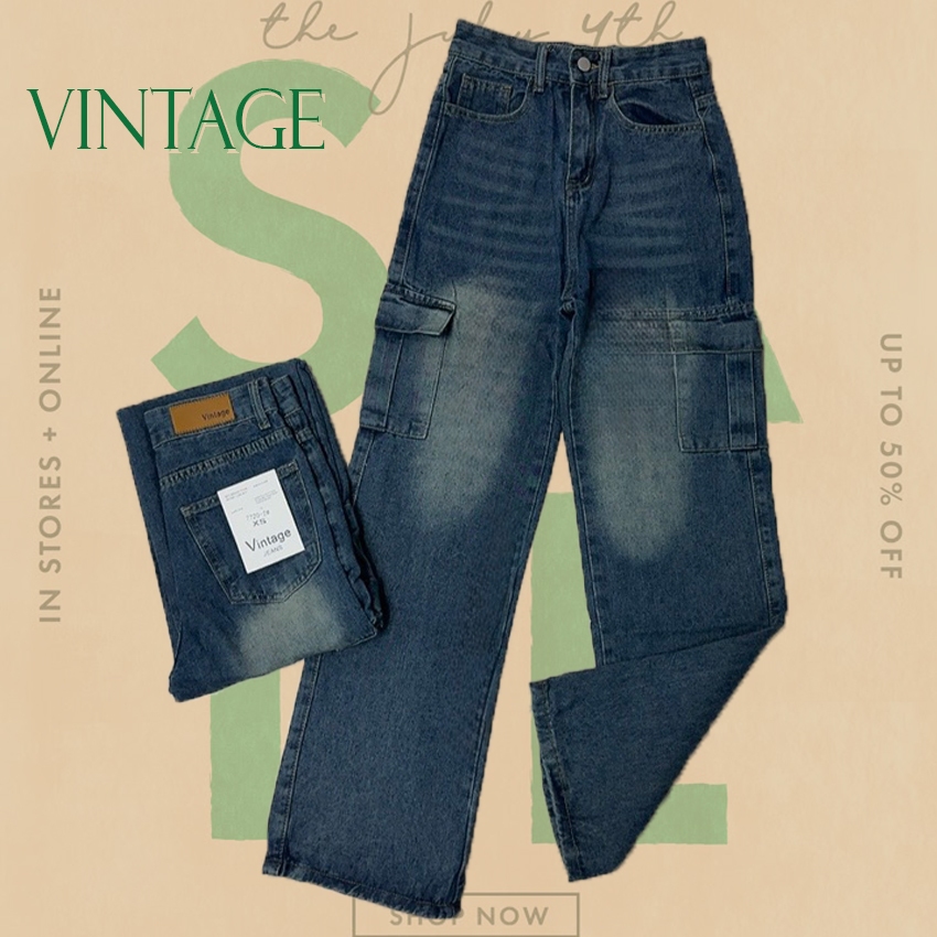 Vintage รุ่น #7720-2 กางเกงยีนส์ คาร์โก้ ทรงกระบอก แต่งเฟดขา ทรงสวยผ้าไม่ยืด กระเป๋าตรง 2 ใบ