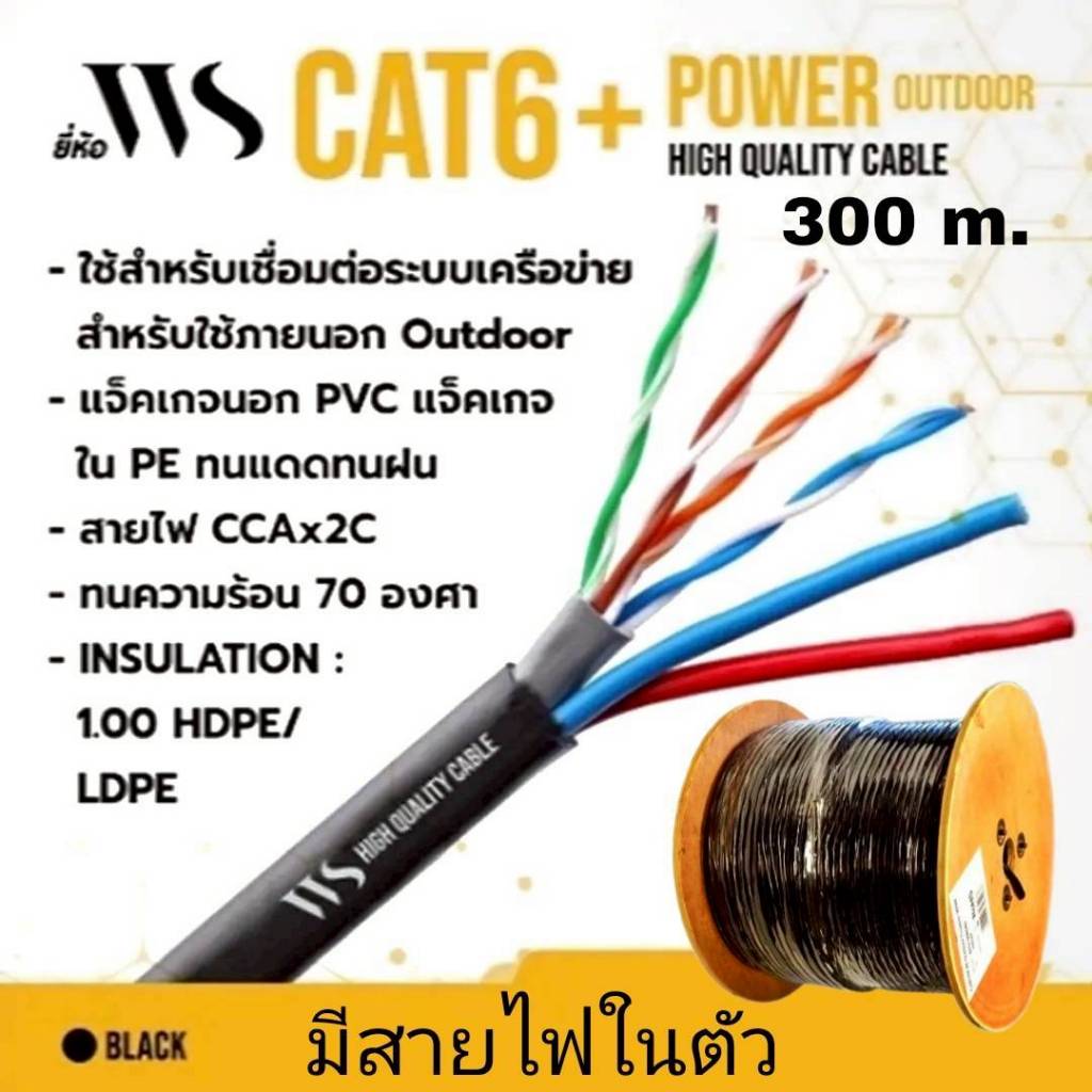 สายแลน WS CAT6 Outdoor+Power ฉนวน 2 ชั้น ภายนอก+ไฟ 305m/BOX
