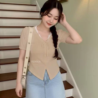 C83💐เสื้อยืดครอปสาวอวบ XXXXXL ดีไซน์คอวีแต่งระบายสไตล์คุณหนู ชายเสื้อดีไซน์แบบ Pointed Hem ช่วยเน้นช่วงเอวให้ดูคอดกิ่ว