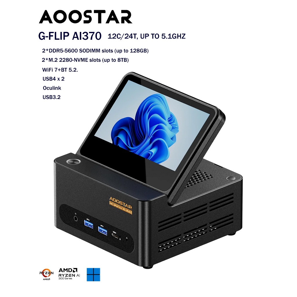 mini PC Aoostar G-FLIP370 AMD Ryzen AI 9 HX370 Zen 5  with 5" HD Screen WIFI7 NPU 50 TOPS