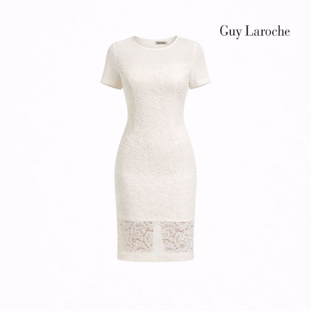 Guy Laroche Luxury Lace Shape Up Dress เดรสกีลาโรช ผ้าลูกไม้ แต่งผ้าพื้นช่วงบน (GR2JGL)