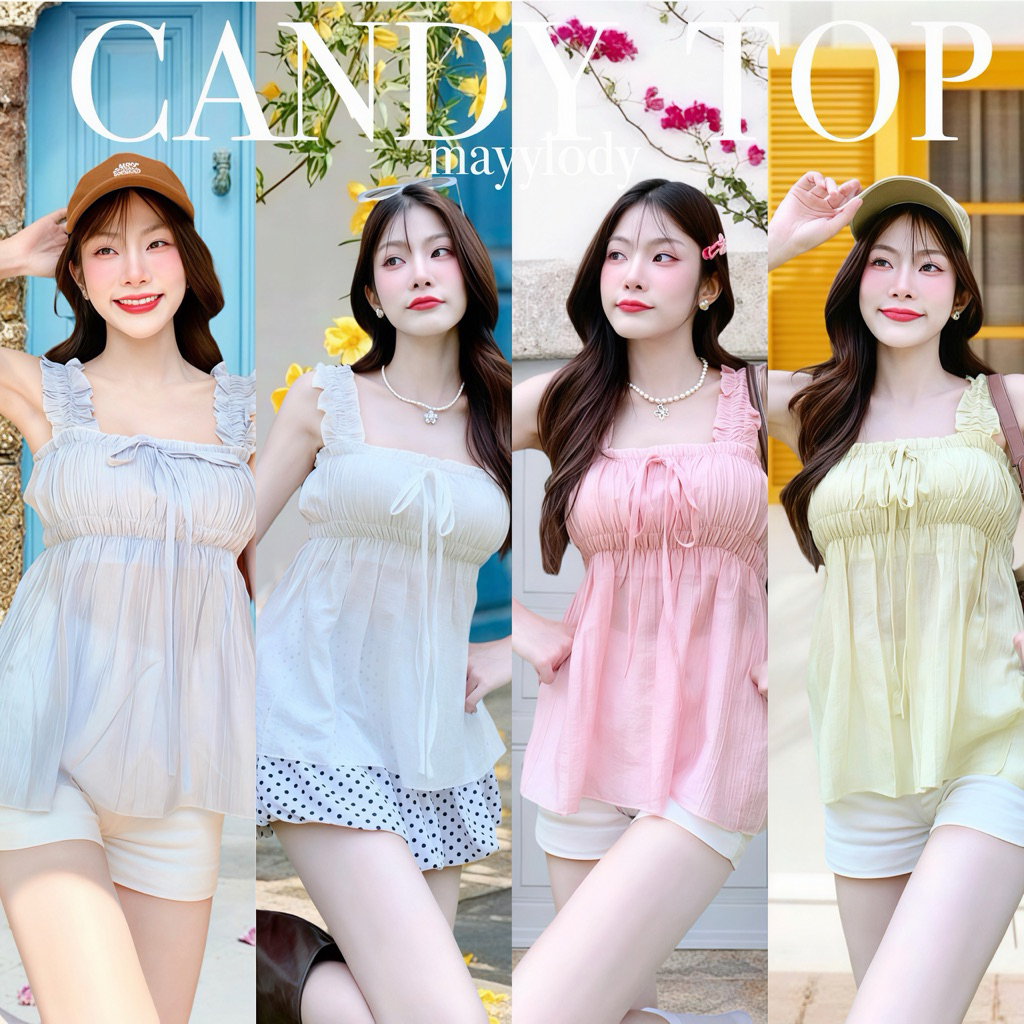 💓mayylody💓 SUMMER TOP เสื้อสายเดี่ยว ผ้าพิมพ์ลาย ช่วงอกสม็อค ต้องรับซัมเมอร์ 🌷🪞🌤️🍃 เสื้อครอป ครอป ชุดไปทะเล
