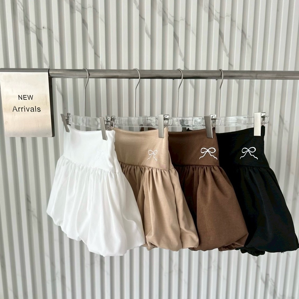 กระโปรงทรงบอลลูน ปักโบว์ 🎀 มีซิปข้าง + ซับกางเกงด้านใน