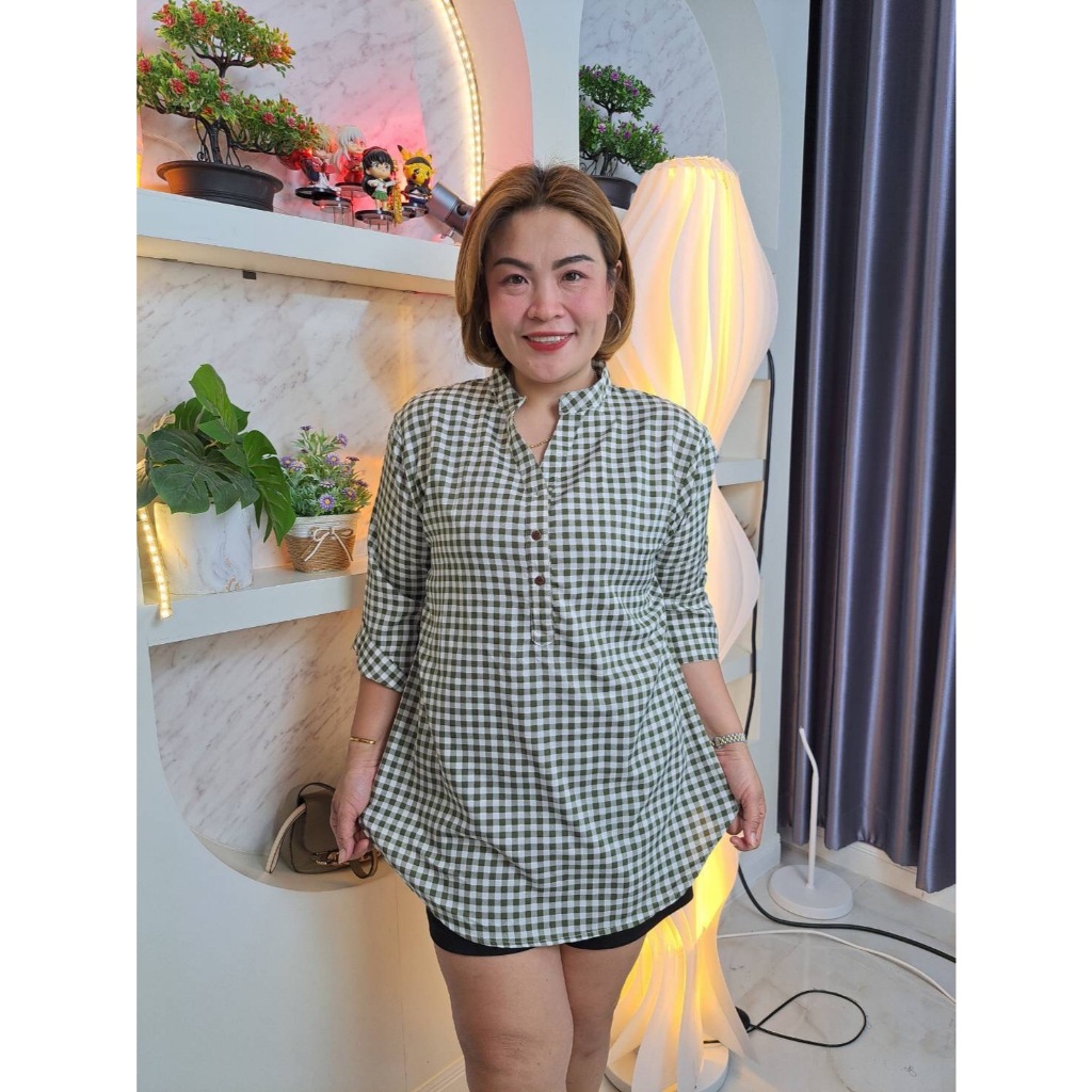 (ราคาส่ง)-ช121//เสื้อคอจีนแขนศอกลายสกอตผ้าไหมอิตาลี ฟรีไซ38-46นิ้ว ยาว31นิ้ว หน้าผ้า46นิ้ว ราคา219บาท