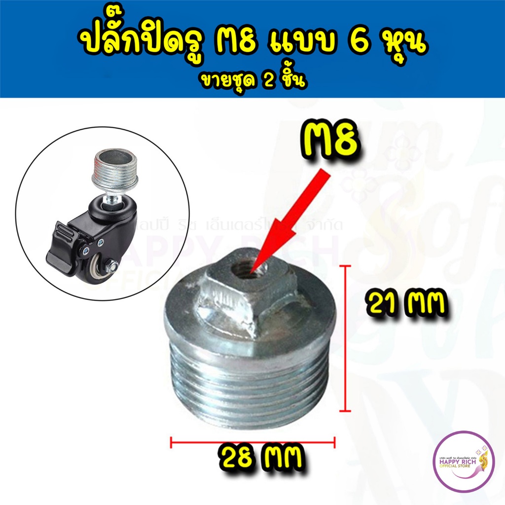 ปล๊กปิดรู ข้อต่อล้อรถเข็นเเบบเกลียว M8 แบบ 6 หุน DN 20