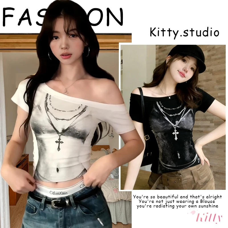Kitty พร้อมส่ง🌸เสื้อยืด🌸เปิดไหล่ แขนสั้น แขนยาว ผู้หญิง เซ็กซี่ สาวฮอต ดูผอม เข้ารูป น่ารัก ไปคาเฟ่ อินเทรนด์