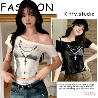 Kitty พร้อมส่ง🌸เสื้อยืด🌸เปิดไหล่ แขนสั้น แขนยาว ผู้หญิง เซ็กซี่ สาวฮอต ดูผอม เข้ารูป น่ารัก ไปคาเฟ่ อินเทรนด์